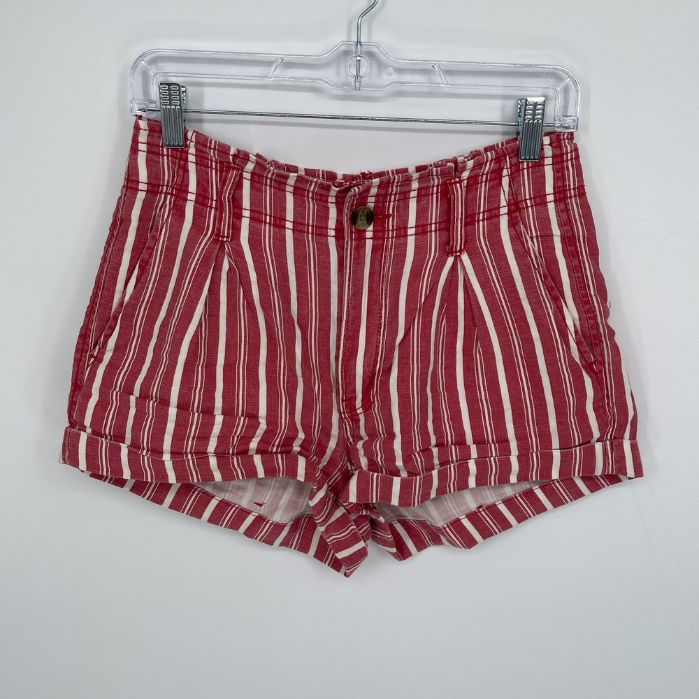 American Eagle Women's Red Striped Linen‎ Blend High Rise Pleated Shorts Size 2